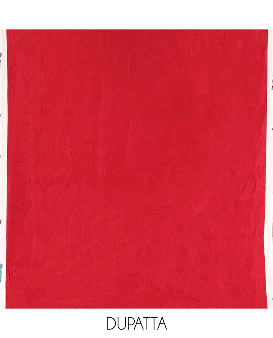 Cream-Red Material Chudidar Features an Elephant-Umbrella Printed Top, a Contrast Bottom, Contrast Bordered Dupatta