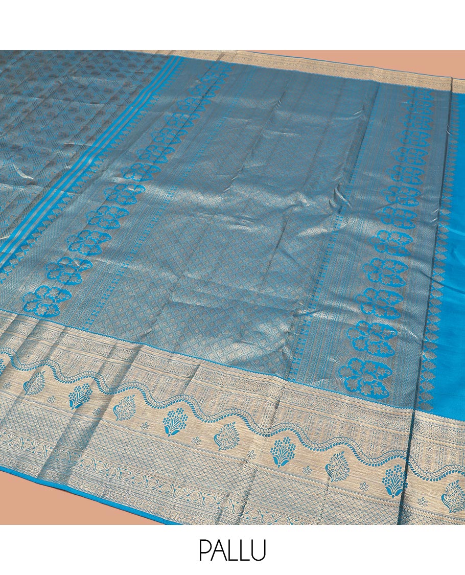 Blue Kanchipuram Wedding Silk Saree, Prettified with Jacquard Designs on Its Body, Highlighted by a Zari Border of Geometric Designs, Grand Jaal Patterned Pallu, and Paired with a Matching Blouse