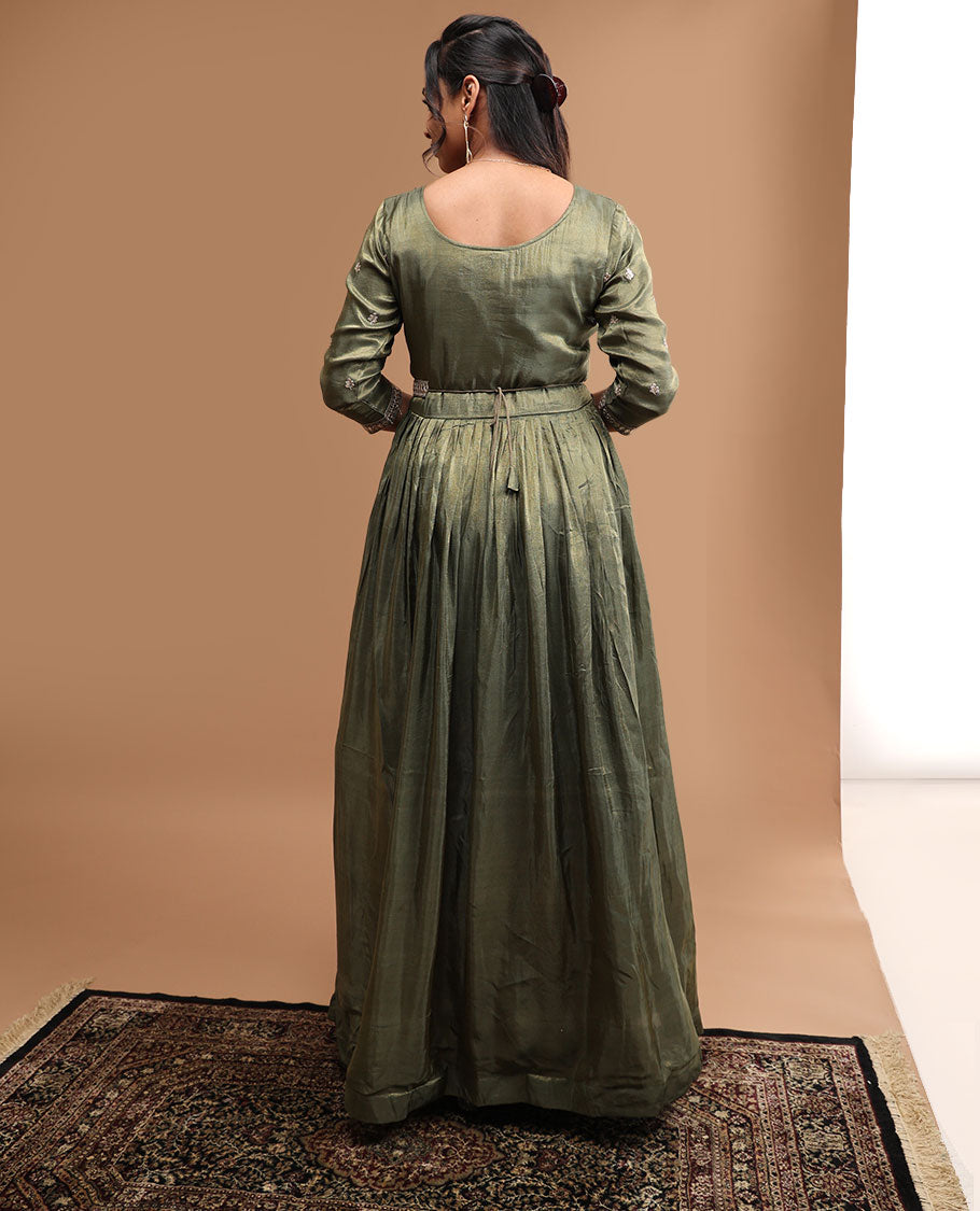 olive green floral embroidered round neck, 3/4 th sleeve, floor length top & floral embroidered dupatta