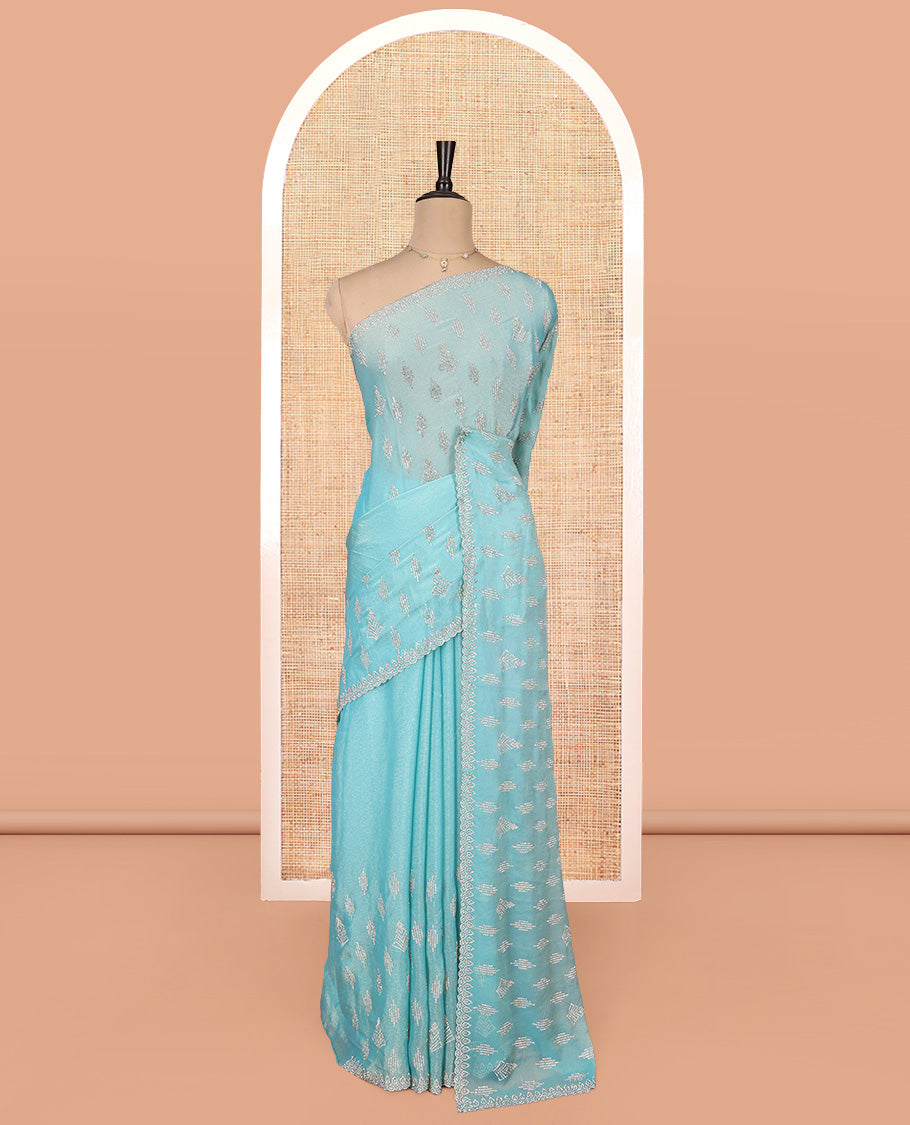 Blue Designer Saree, Finely Crafted with Stonework, a Scallop Stonework Border, and Matching Blouse