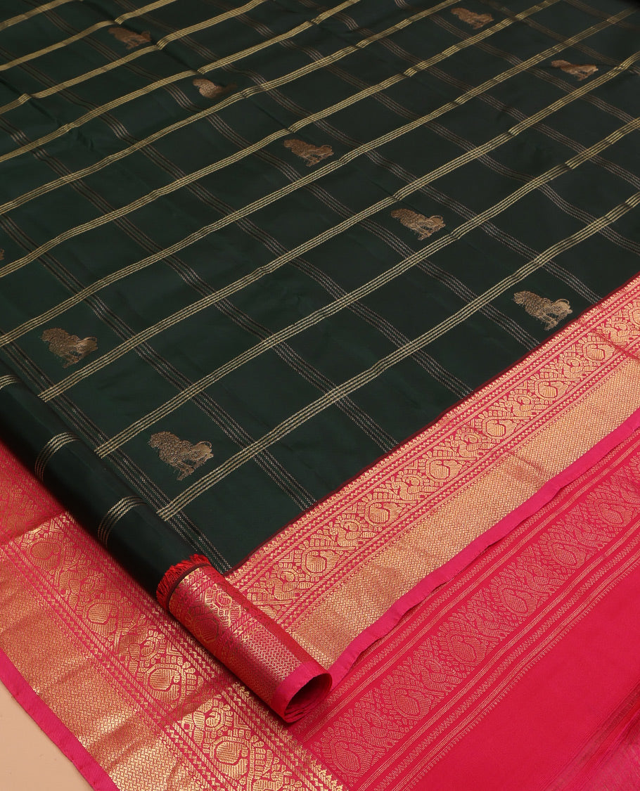 Green Singam Buttas-Checked Vasundhara Lite Silk Mix Saree, Contrast Traditional Border, Contrast Blouse