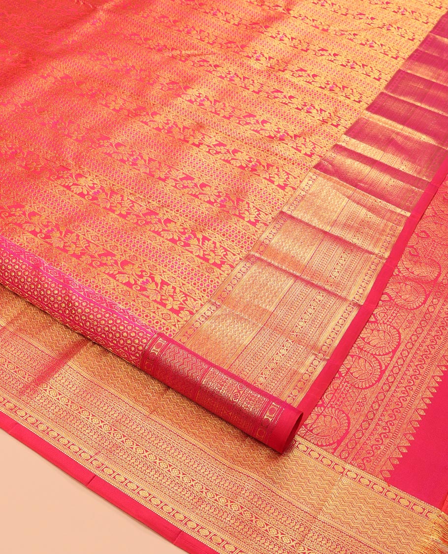 Pink Kanchipuram Wedding Silk Saree, Ornamented with Jacquard Design, a Zari Border of Muthu, Kathir, Poun, Vanki, Diamond, Manga, and Cross Kamalam, Jaal Pallu, and a Matching Blouse
