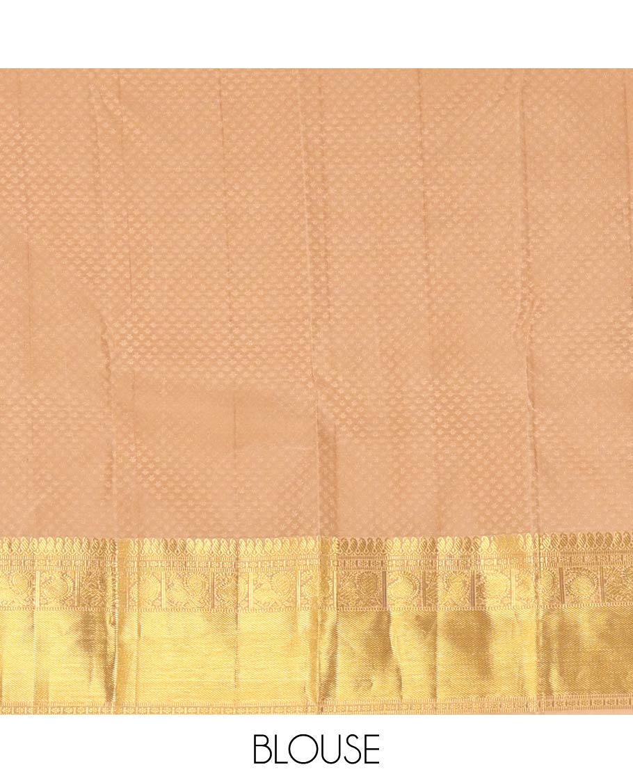 Gold Kanchipuram Wedding Silk Saree, Delicately Woven with Jacquard Design On Its Body, Highlighted by Zari Border of Manga Moklu, Manga, and Mayil Designs, Grand Pallu and Paired with Matching Blouse