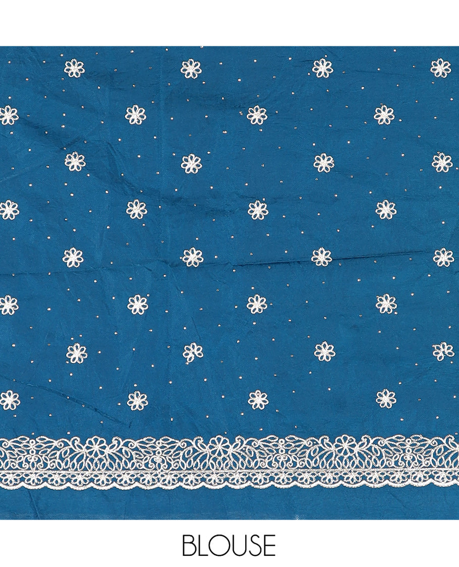 Peacock Blue Velvet Organza Half-Saree with Glitter Work Skirt, Embroidered Border, a Matching Blouse, and Contrast Embroidered Dhavani