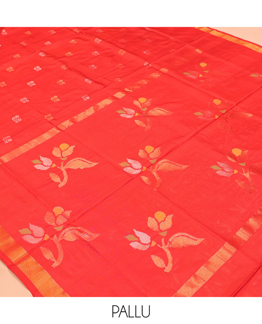 Red Uppada Silk Saree, Spotlighted with Zari Buttas, a Zari Bavanji Border, Floral Buttas Pallu, and a Matching Blouse