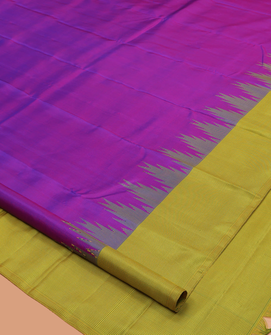 Purple Plain Kanchipuram Silk Saree, Complemented by Contrast Thazampoo Rekku Kasa-Kasa Checked Border, Kasa-Kasa Checked Pallu, and a Contrast Blouse