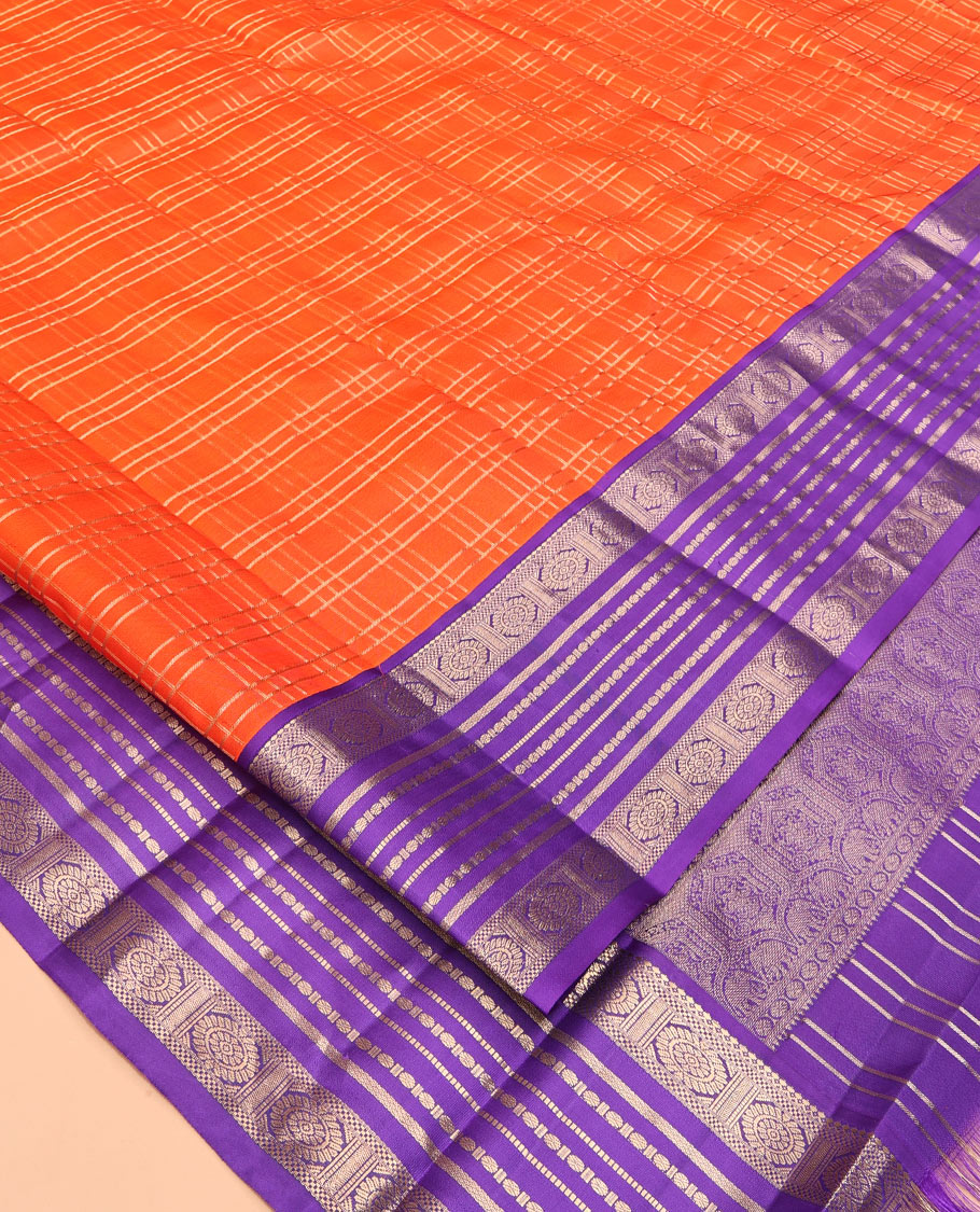 Orange Vasundhara Silk Saree, Enthralled with Zari Checks, a Contrast Border of Salngai, Bentex, Chakram, and Rudraksham Designs, Grand Pallu, and a Contrast Blouse