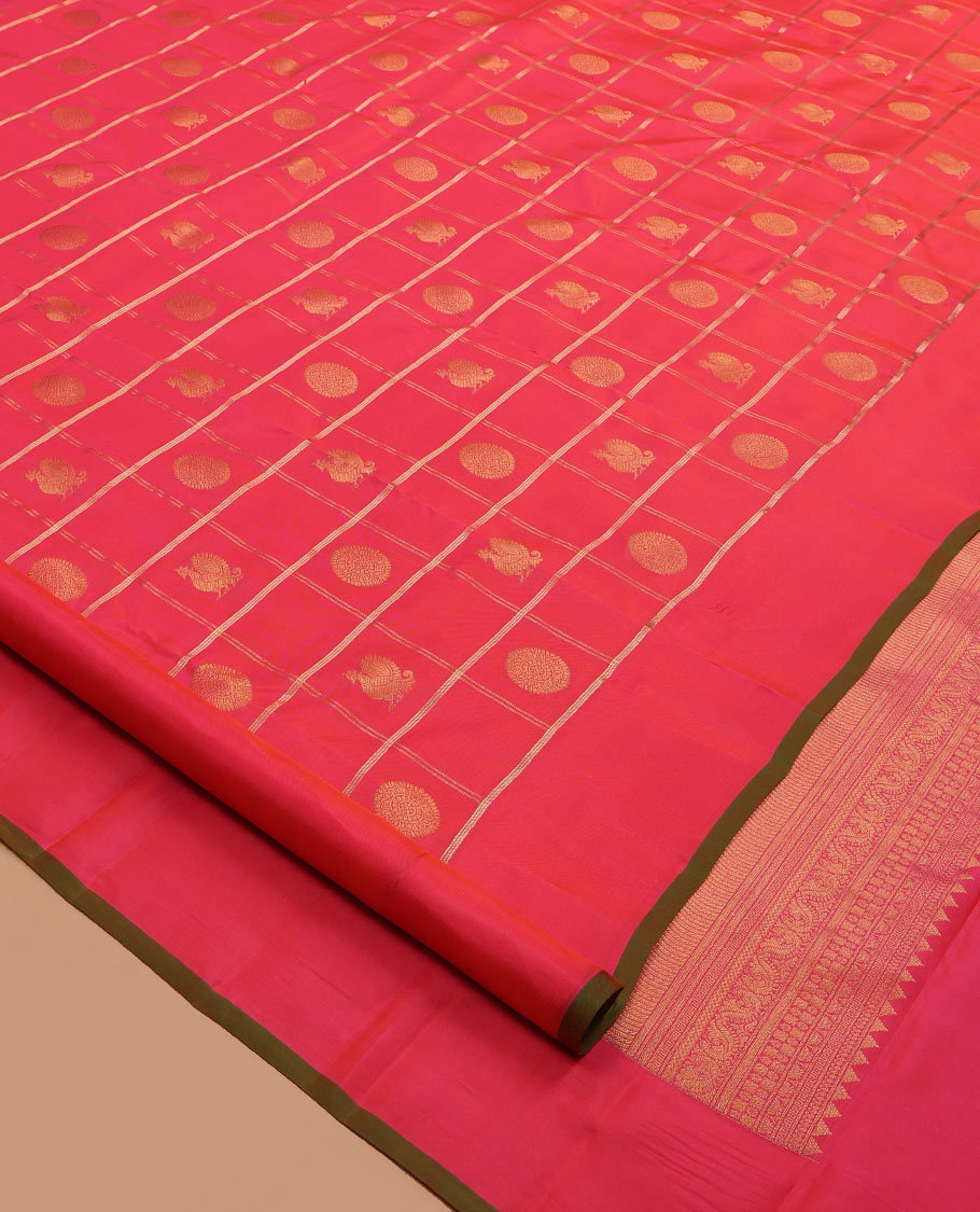 Red Vasundhara Lite Silk Mix Saree, Styled with Mayil-Chakram Butta Enclosed Checks, a Self-Border, Intricate Pallu, and a Matching Blouse