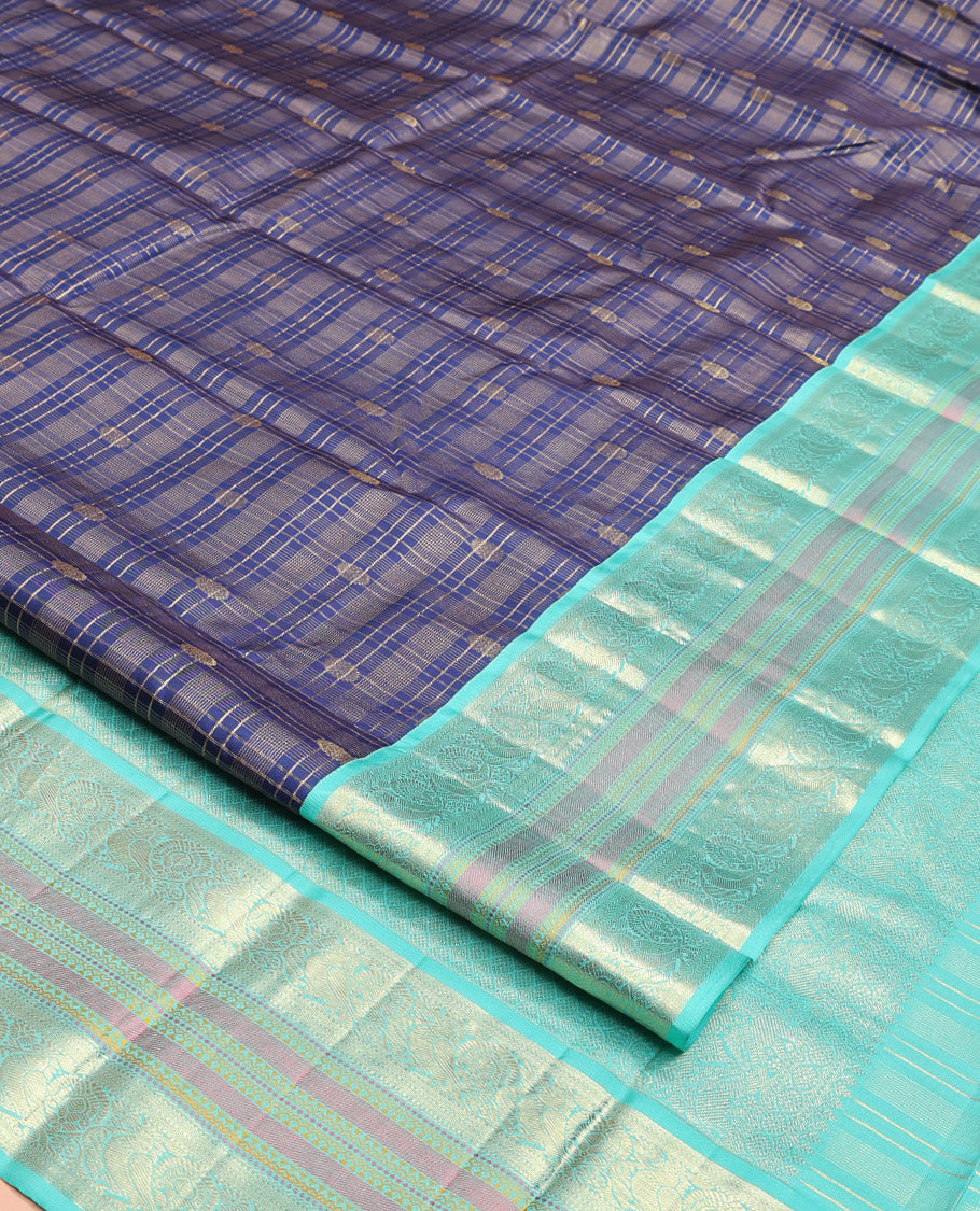 Blue Vasundhara Silk Saree, Adorned with Zari Buttas Enclosed Checks All Over Its Body, Complemented by a Contrast Border of Kathir, Muthu, and Rudraksham Designs, Grand Intricate Pallu, and Paired with a Contrast Blouse