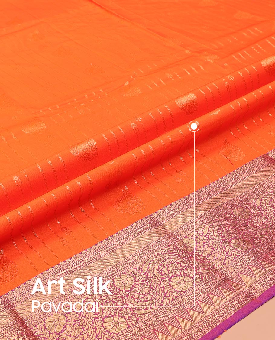 Orange Art Silk Pavadai Material Set, Charmingly Accented with Zari Designs on Its Skirt, Complemented by a Contrast Traditional Zari Design Border, and Paired with a Contrast Blouse