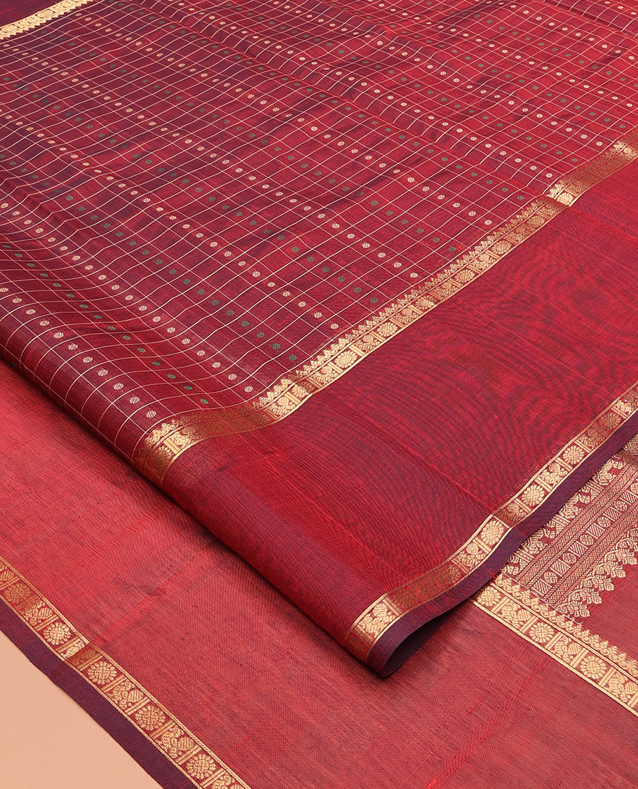 Maroon Buttas-Checks Kuppadam Silk Saree, a Contrast Double-Pet Peacock-Chakra Border, a Matching Blouse