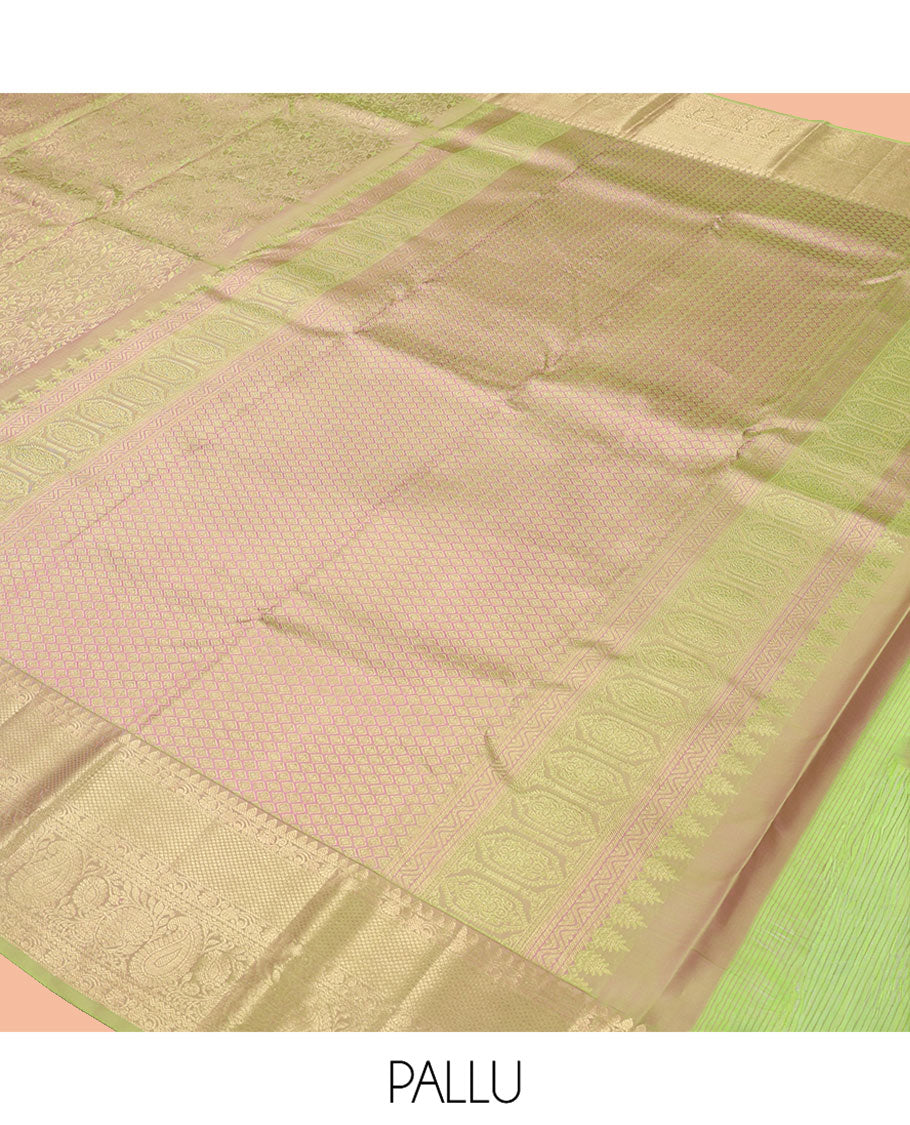 Green Kanchipuram Wedding Silk Saree, Detailed with Jacquard Design, a Zari Border of Thilakam, Mayil Kann, Kodi Visiry, Neli, and Manga Designs, Jaal Pallu, and a Matching Blouse