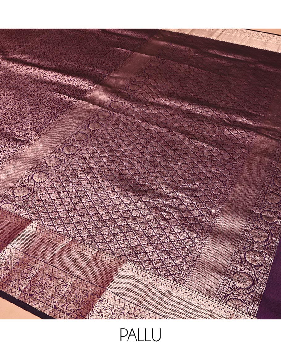 Purple Kanchipuram Wedding Silk Saree, Elevated with Jacquard Design on Its Body, Highlighted by Zari Border of Rekku, Jaal, and Floral Designs, Grand Jaal Pallu, and Paired with a Matching Blouse