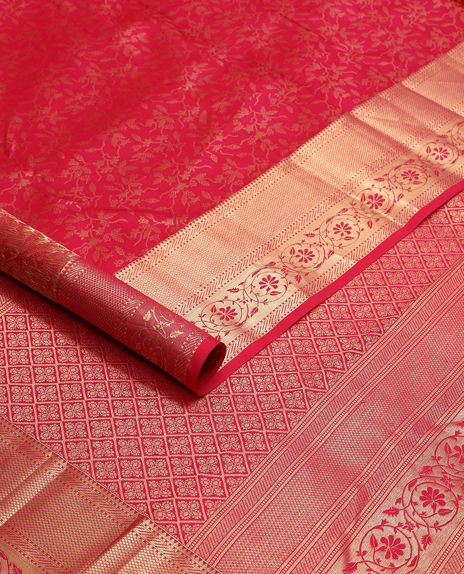 Red jaal design kancheepuram silk saree with self border of rekku, muthu, banras, kodi visiry design & zari design pallu