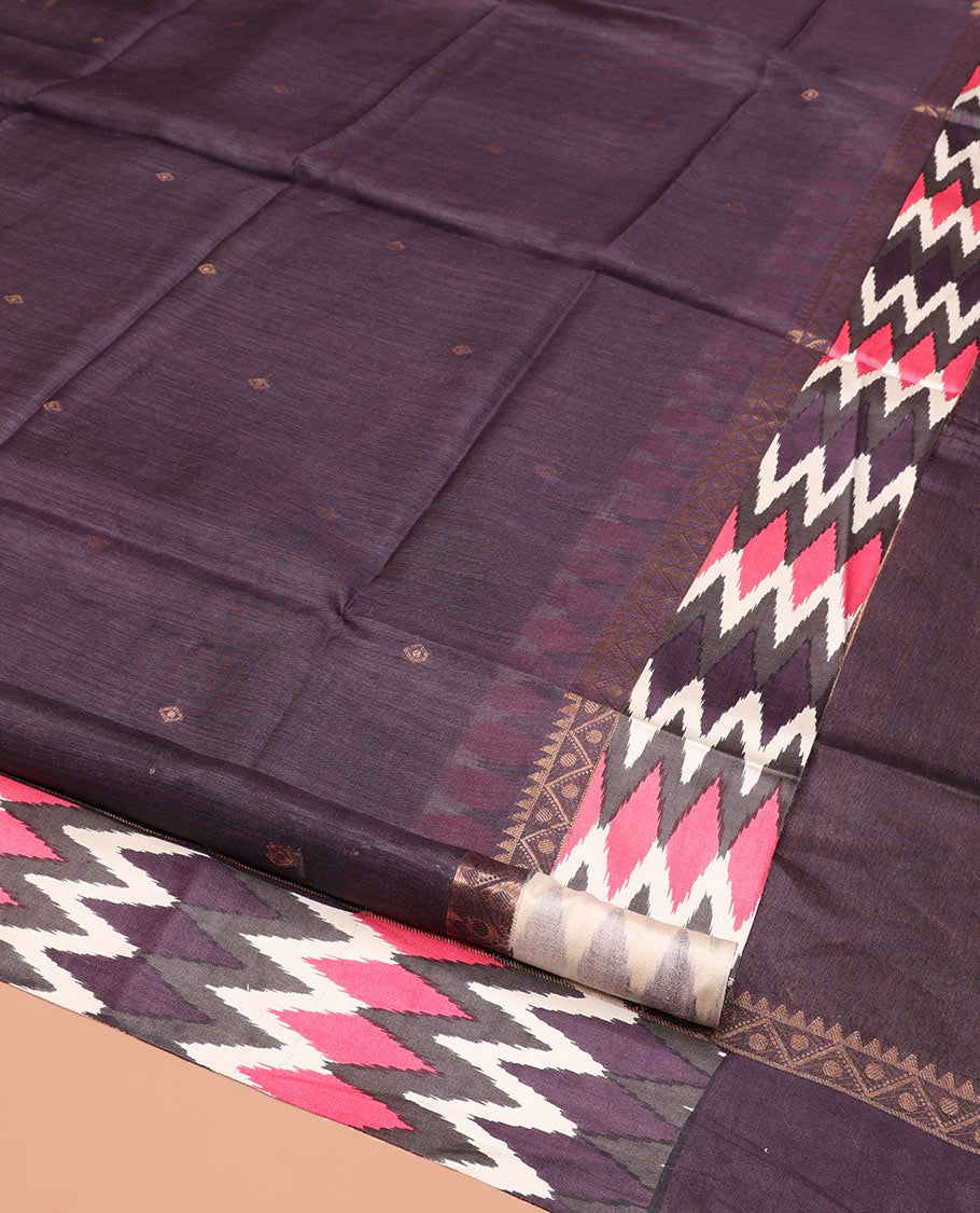 Grey Tussar Silk Saree, Subtly Sparkled with Buttas, Complemented by a Contrast Chevron-Striped Border, Printed Pallu, and a Contrast Blouse