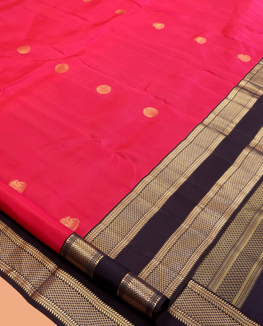 Pink Vasundhara Lite Silk Mix Saree, Woven with Zari Buttas, a Contrast Rettai Pettu Border of Ara Bogudi, Banaras, Muthu, and Ara Maadam Designs, Grand Pallu, and a Contrast Blouse