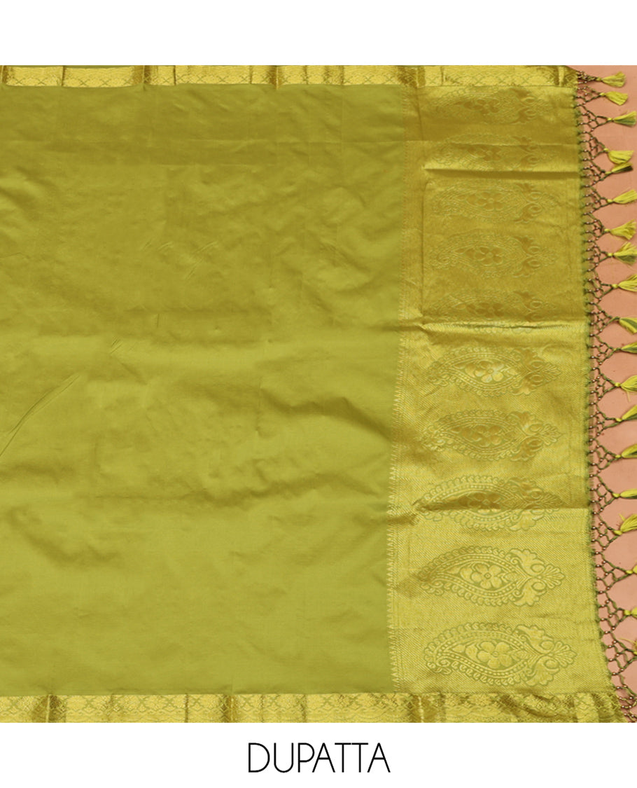 Pink Art Silk Material Half Saree Set, Enriched with Jacquard Skirt, a Contrast Meenakari Floral Border, Contrast Blouse, and an Intricate Dhavani