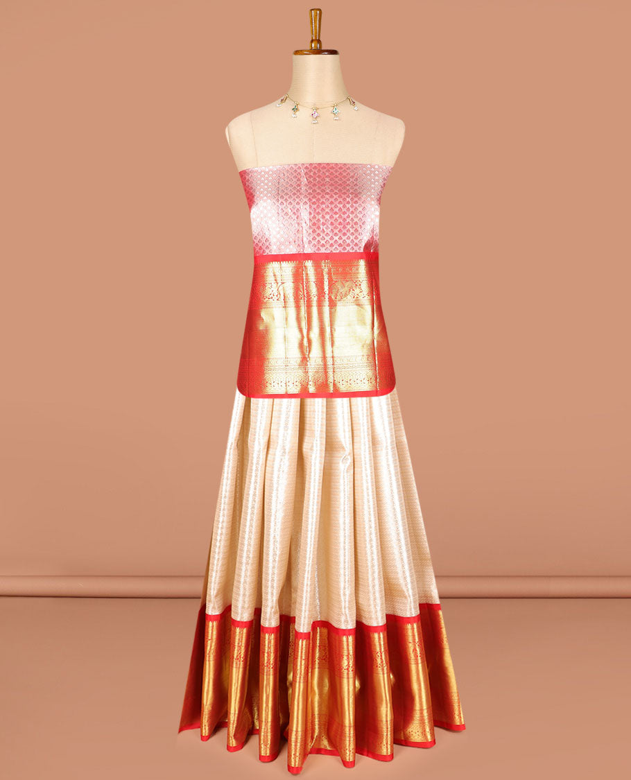 Baby pink geometric design silk half saree with contrast border of thilakam mokku, paunm mayil, yanaai design,zari design blouse & zari design border dhavani