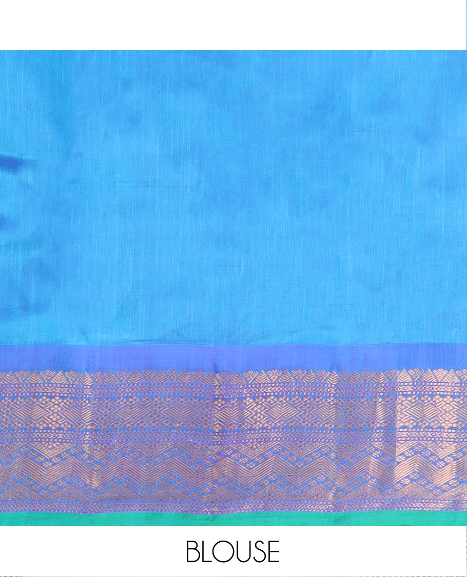 Blue Gadwal Saree Embellished with Zari Buttas, Featuring a Contrast Traditional Motifs Woven Border, Jaal Design Pallu, Along with a Complementing Contrast Zari Bordered Blouse