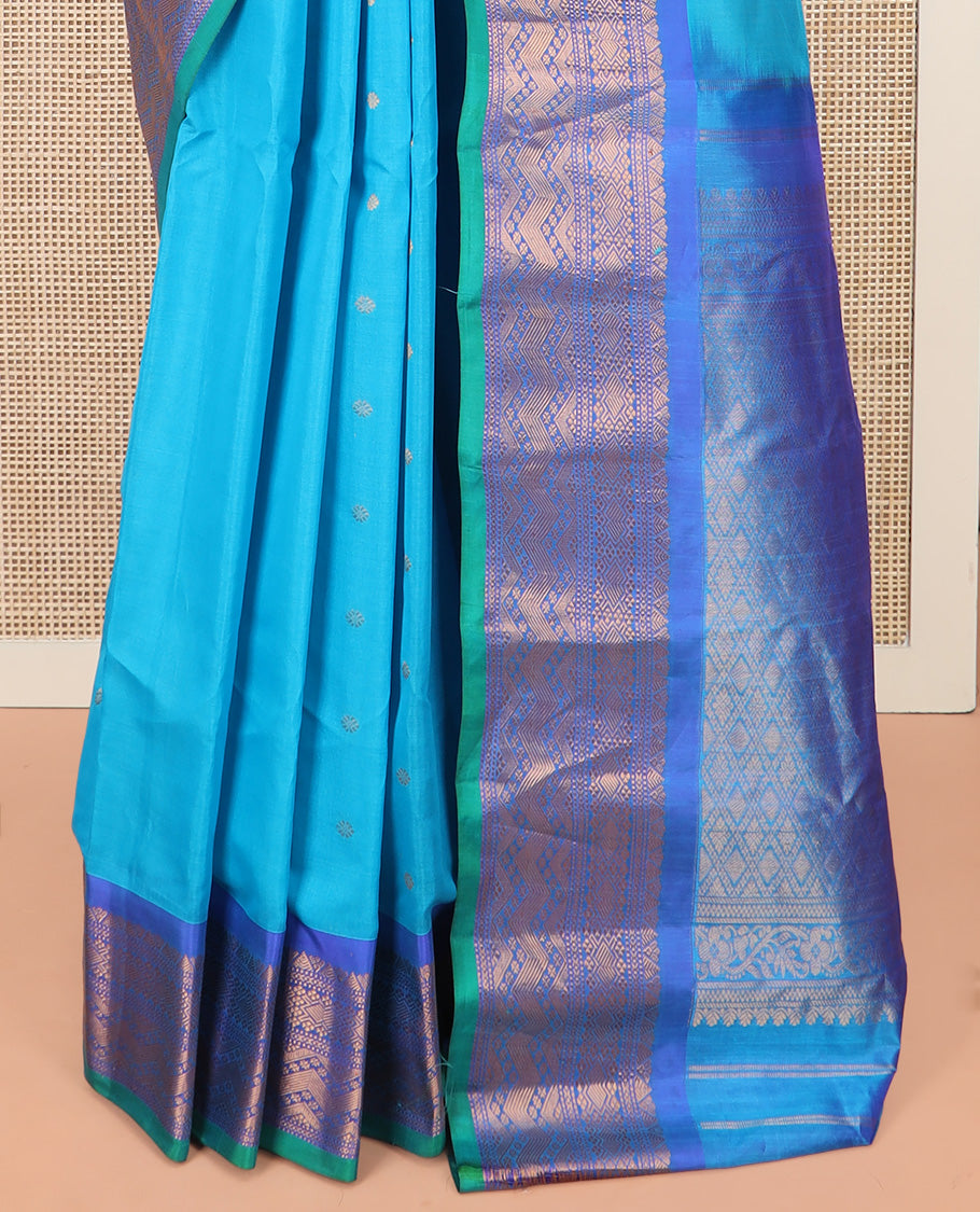 Blue Gadwal Saree Embellished with Zari Buttas, Featuring a Contrast Traditional Motifs Woven Border, Jaal Design Pallu, Along with a Complementing Contrast Zari Bordered Blouse