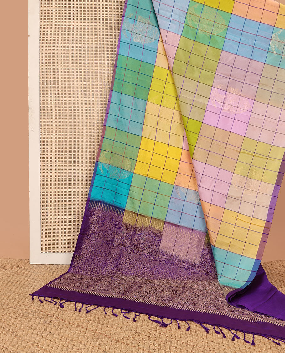 Borderless multi-color checked mayuri soft silk saree with argyle design pallu