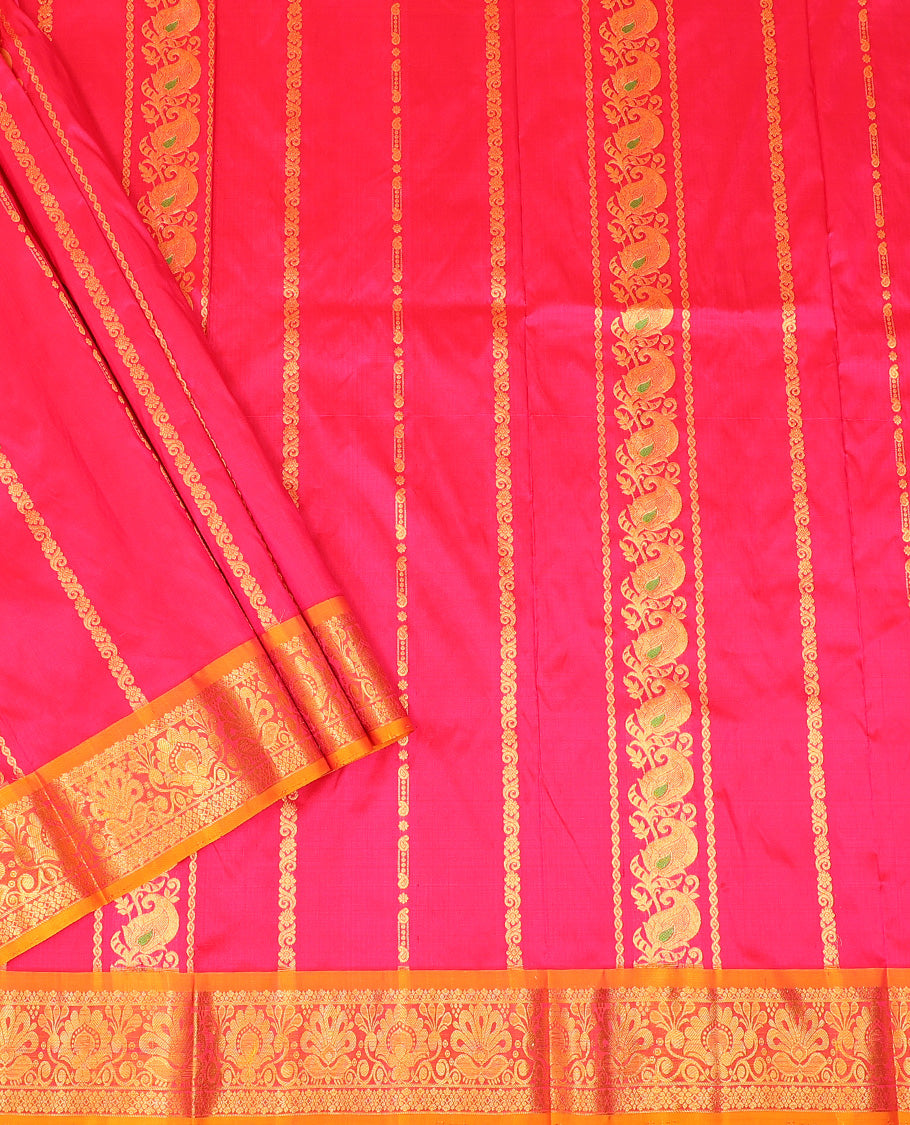 Pink Pure Silk Half-Saree Embellished with Manga Designs on Its Skirt, Complemented by a Contrast Border Zari Designs, Comes with a Contrast Blouse and a Dhavani of Mang and Leaf Designs