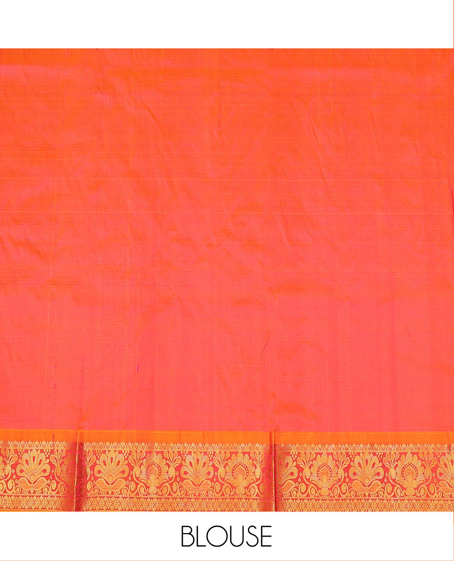 Pink Pure Silk Half-Saree Embellished with Manga Designs on Its Skirt, Complemented by a Contrast Border Zari Designs, Comes with a Contrast Blouse and a Dhavani of Mang and Leaf Designs