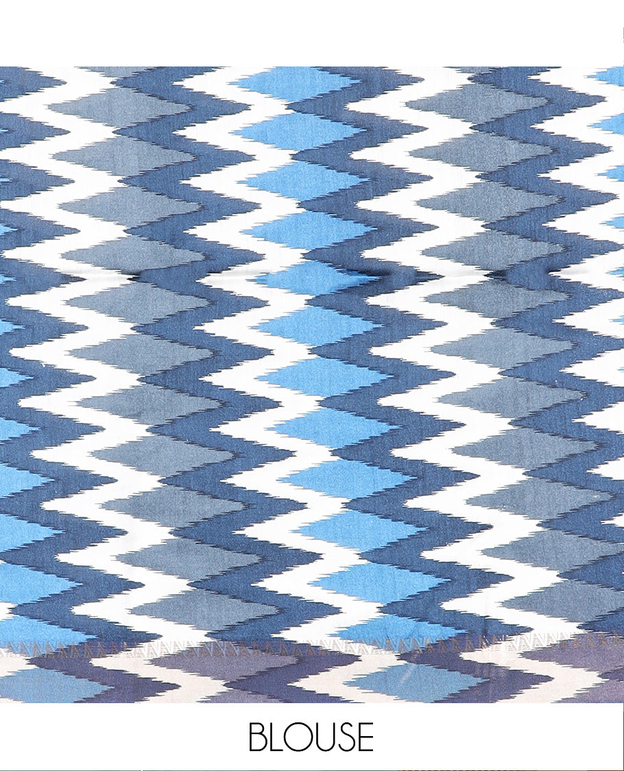Blue zari buttas tussar silk saree, contrast traditional design with ikkat design border, and self-pallu