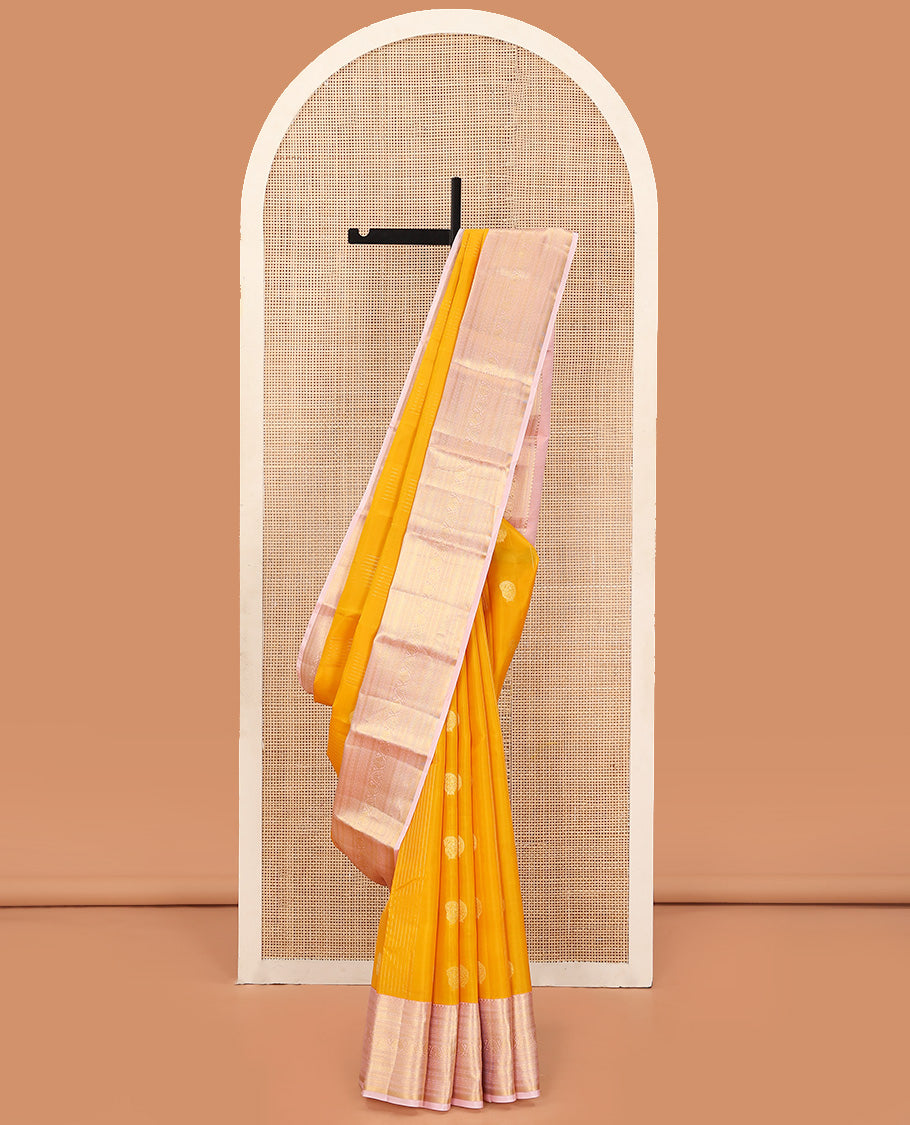 Orange Vasundhara Lite Silk Mix Saree Enhanced with Round Mayil Buttas, Featuring a Contrast Maroon Border of Neli, Kathir, Manga, and Mayil Kann, Pallu Elevated with Zari Designs, and a Contrast Border