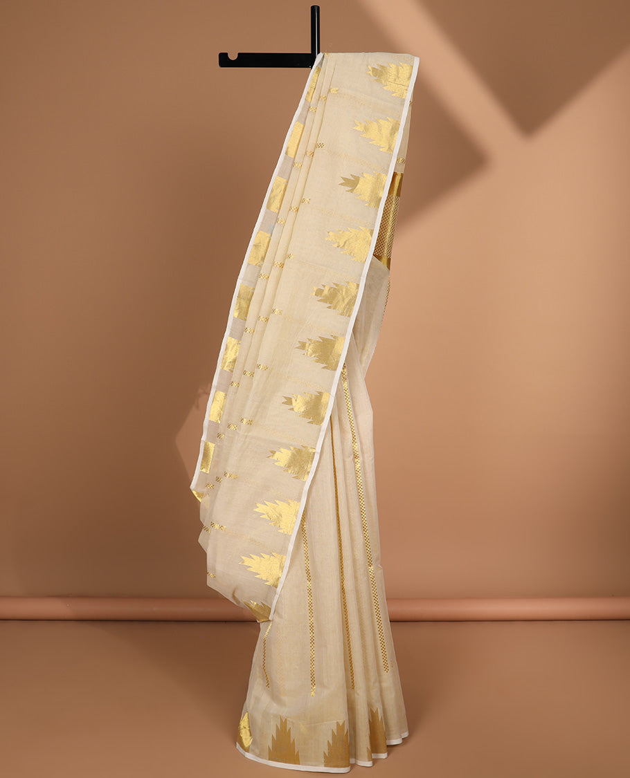 Cream striped kasavu saree with self temple border & gold zari striped pallu