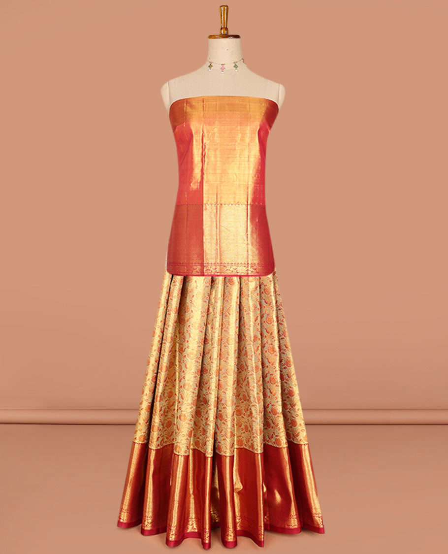 Gold pure-silk half saree, floral jacquard skirt, contrast zari border & blouse of jaal designs & zari-rich jaal dhavani