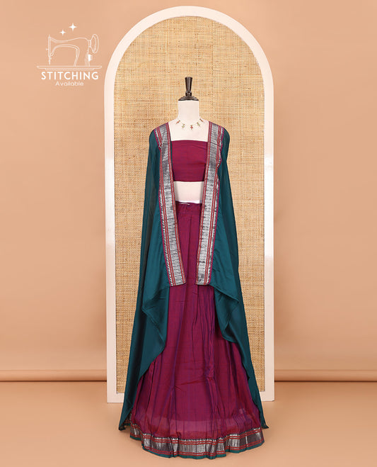 Magenta mercerized cotton half-saree, plain & contrast traditional temple border skirt, matching blouse & contrast temple zari border vichitra silk dhavani