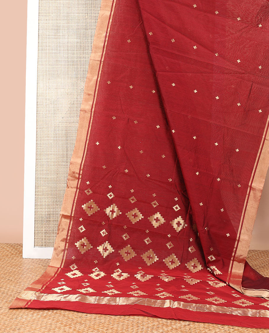 Brown geometric design chanderi cotton saree with self zari border & geometric design pallu