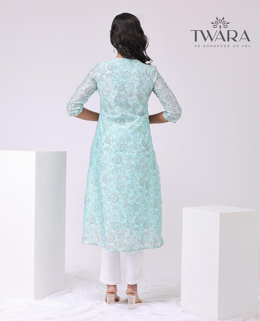 Twara Light Blue floral printed v neck, knee length , elbow sleeve kurti