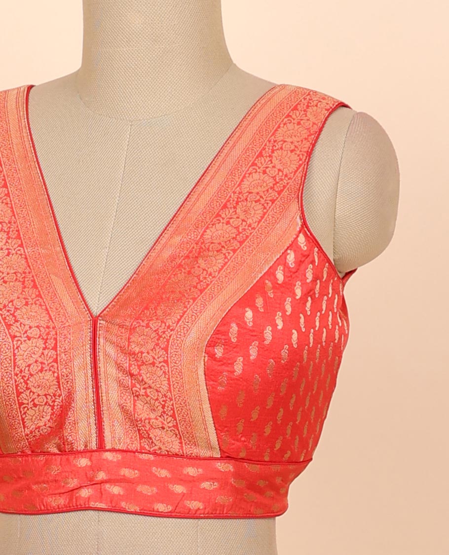 Red intricate floral zari design front & back deep v-neck raw-silk readymade sleeveless blouse
