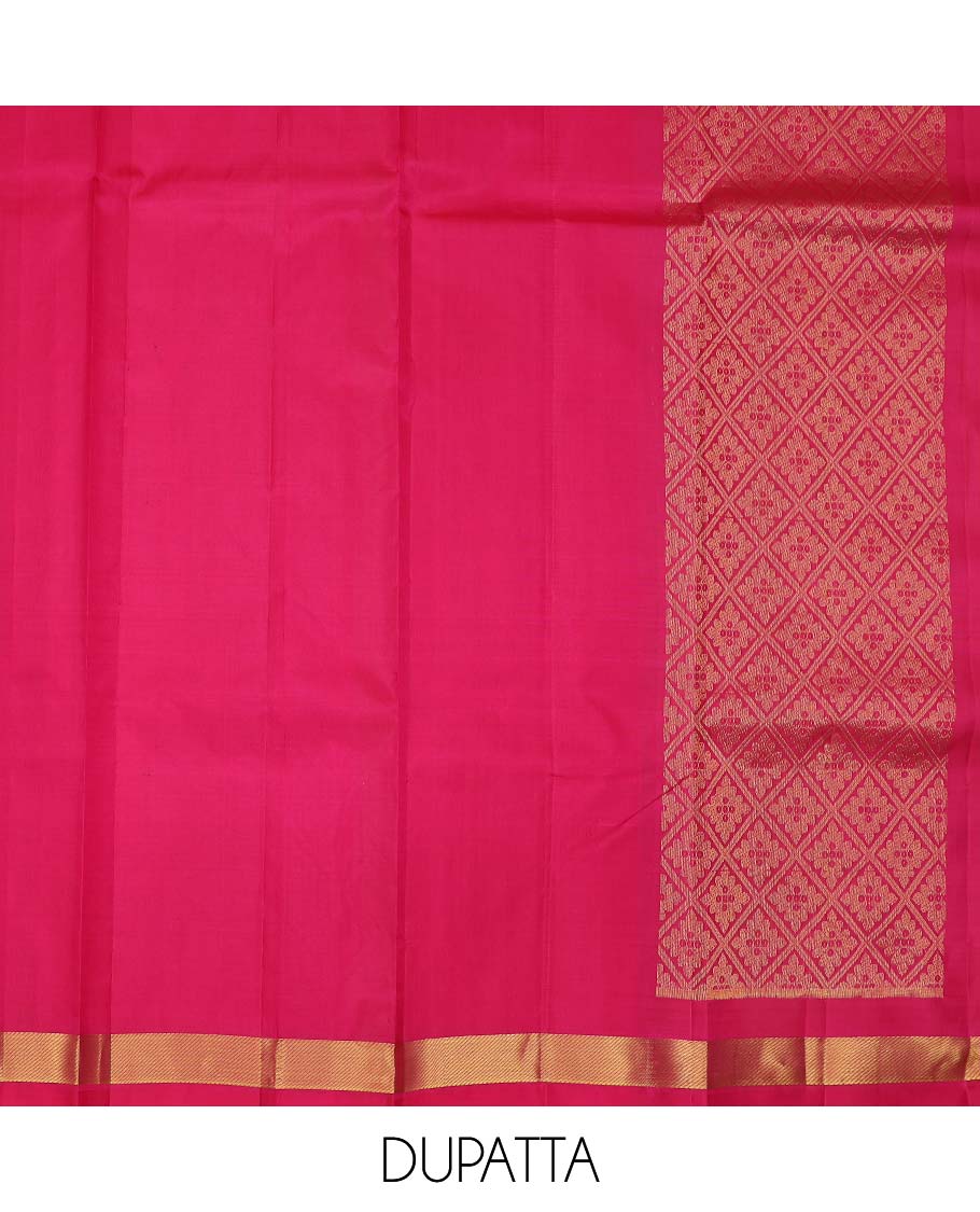 Green pure silk half saree, zari buttas skirt, contrast korvai border of rekku, muthu, laddu kamalam, kuyil kann, and zari designs and jaal pallu