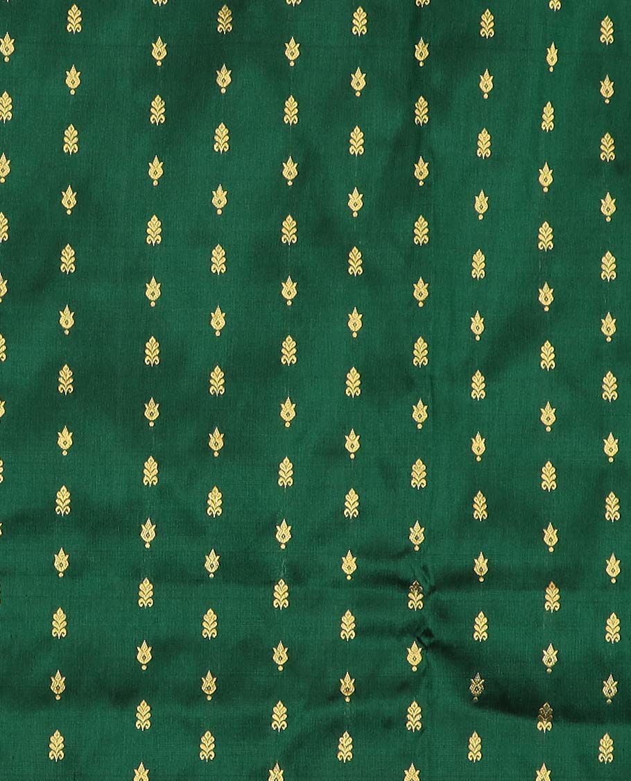 Green pure silk half saree, zari buttas skirt, contrast korvai border of rekku, muthu, laddu kamalam, kuyil kann, and zari designs and jaal pallu