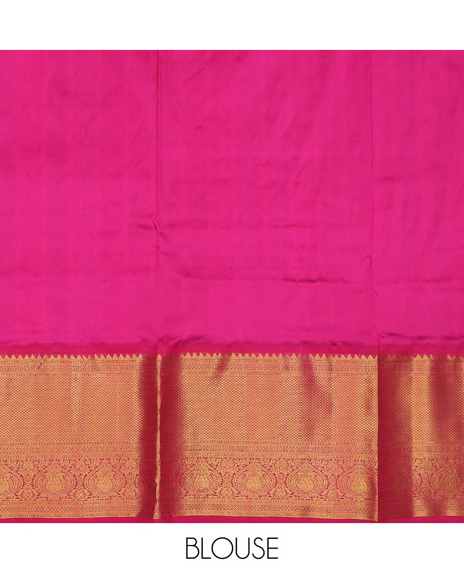 Green pure silk half saree, zari buttas skirt, contrast korvai border of rekku, muthu, laddu kamalam, kuyil kann, and zari designs and jaal pallu