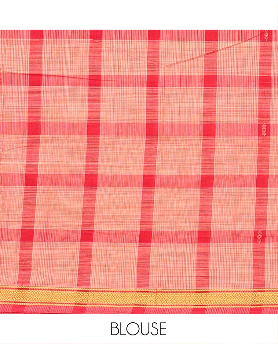 Red Andhra Cotton Saree, Showcasing Big Checked Design All Over Its Body, Subtly Sparked with a Traditional Border, Pallu of Stripes, and Paired with a Matching Blouse