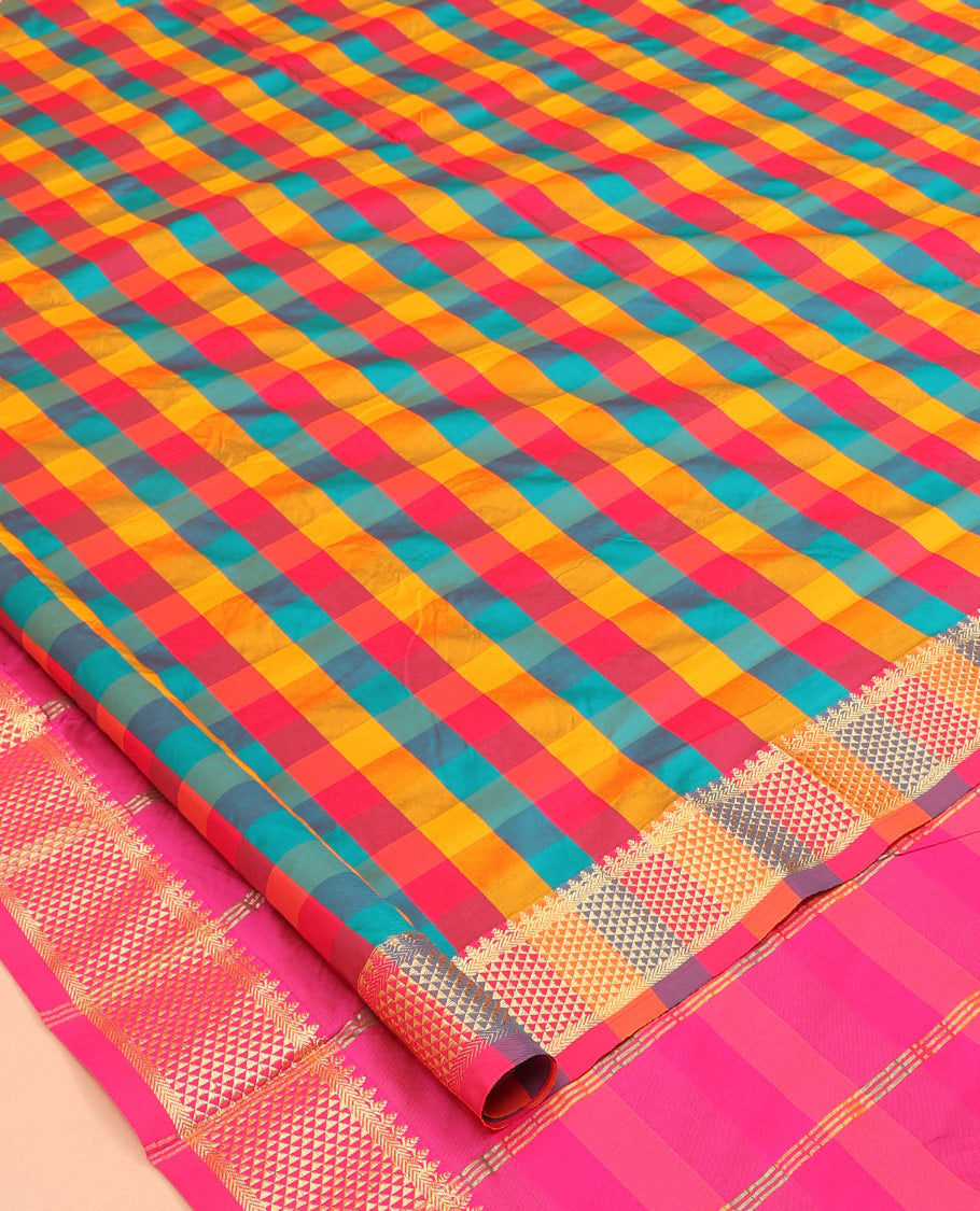 Multi-Color Palum Pazhamum Checked Nine-Yard Saree, Highlighted by a Ara Maadam Border, Contrast Pallu of Stripes, and No Blouse