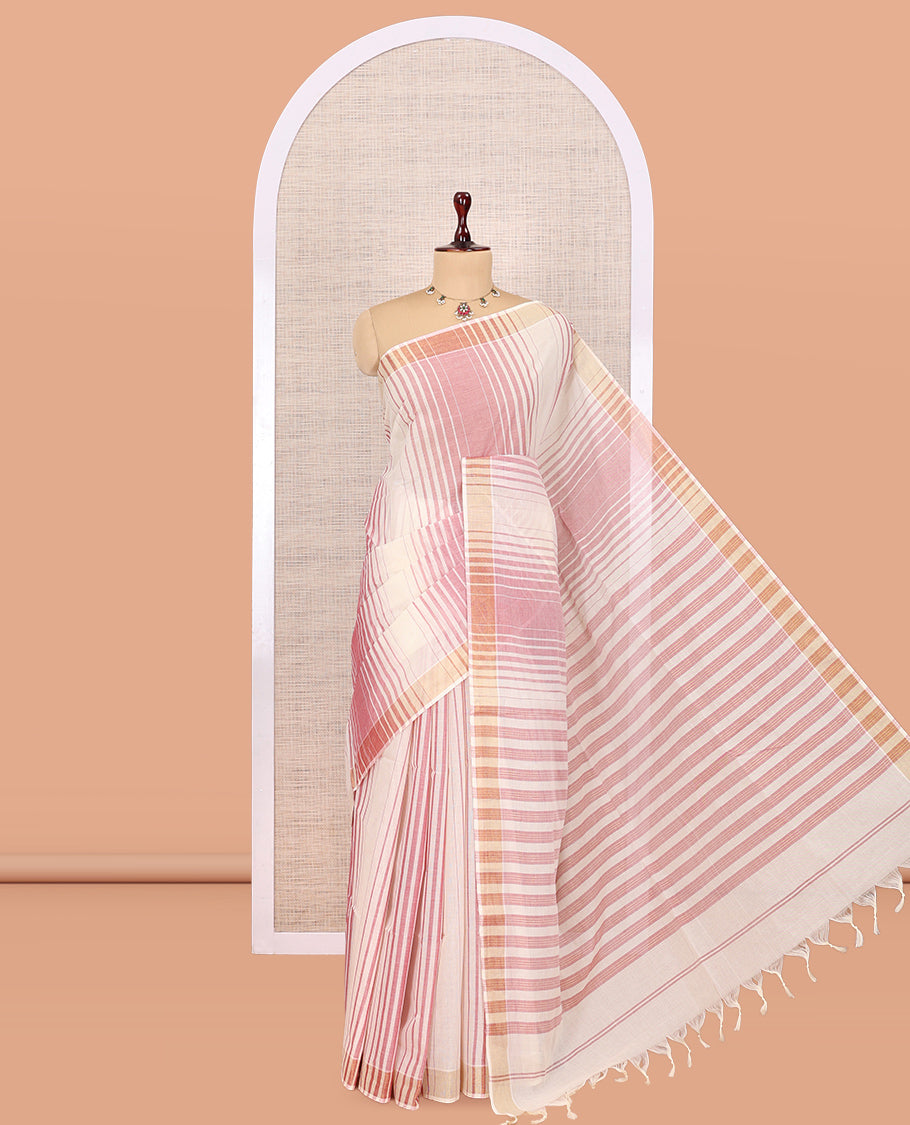Cream-Pink Jute Cotton Saree
