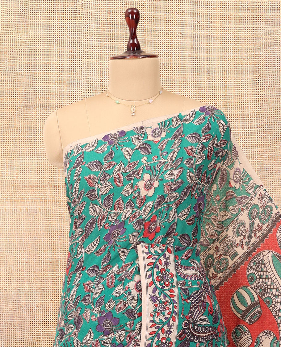 Blue Kalamkari Cotton Saree, Adorned with Floral Vine Print, Contrast Printed Border, Kalamkari Musical Instrument Motifs Pallu, and a Contrast Blouse