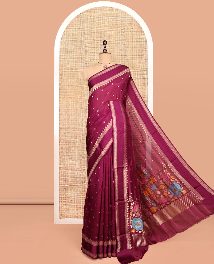 Purple Matka Silk Saree, Embellished with Buttas All Over Its Body, Complemented by Temple Traditional Design Border, Pallu of Meenakari Floral Designs, and Paired with Matching Blouse