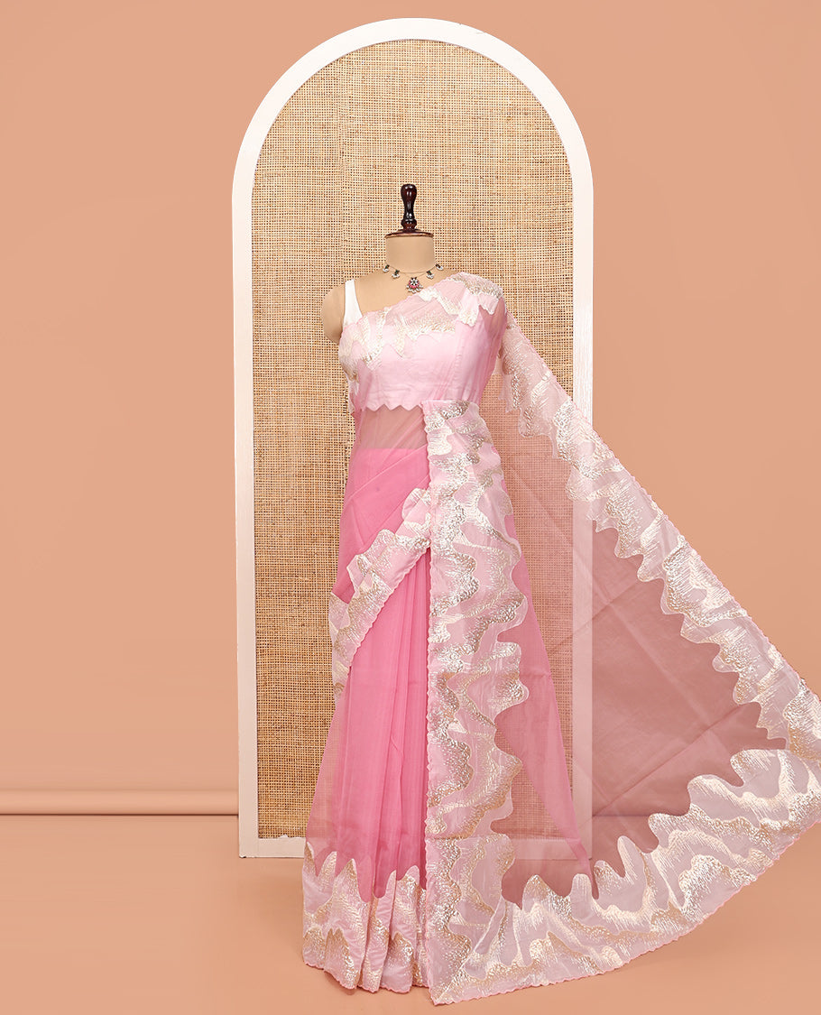 Pink Plain Organza Saree, Complemented by a Contrasting Gleaming Golden-Foil Floral Embroidery Border and a Matching Blouse