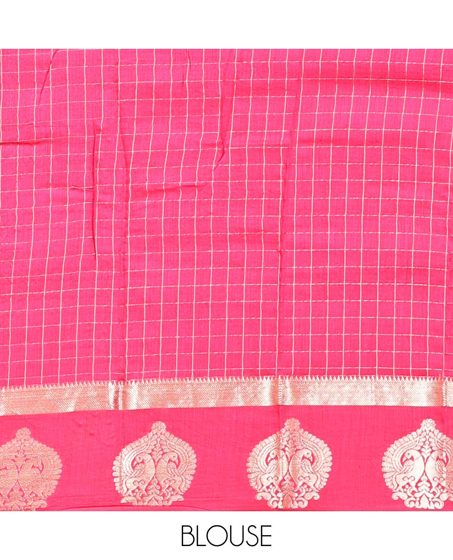 Blue Assam Silk Saree, Bedecked with Checks, Complemented by Contrast Peacock Design Border, Zari-Striped Pallu, and a Contrast Blouse