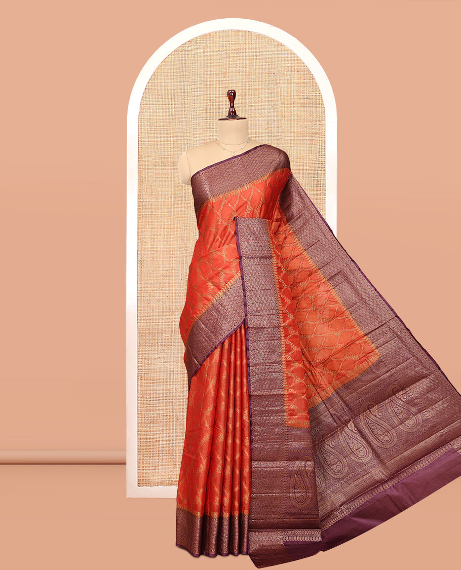 Orange Tussar Silk Saree Features Jacquard Design, Complemented by a Contrast Zari Border, Intricately Designed Pallu, and a Contrast Blouse