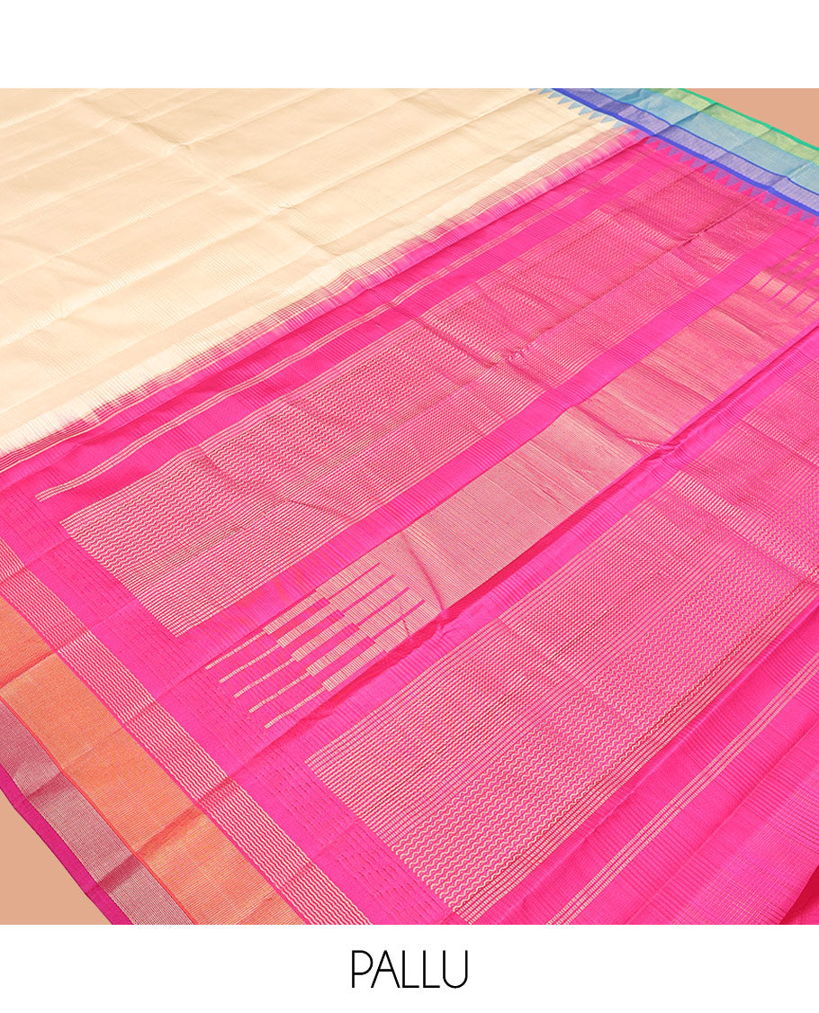 Cream-Striped Bangalore Silk Saree, Complemented by a Contrast Temple Ganga-Jamuna Border, Pallu of Temple and Neli Designs, and a Contrast Blouse