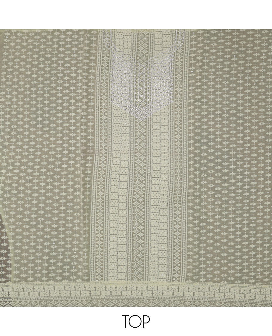 Light Yellow Material Chudidar Set, Prettified with Chikankari-Style Embroidery and Neck Stone Work on Georgette Top, a Plain Santoon Bottom, and Paired with a Floral Vine Embroidery Georgette Dupatta