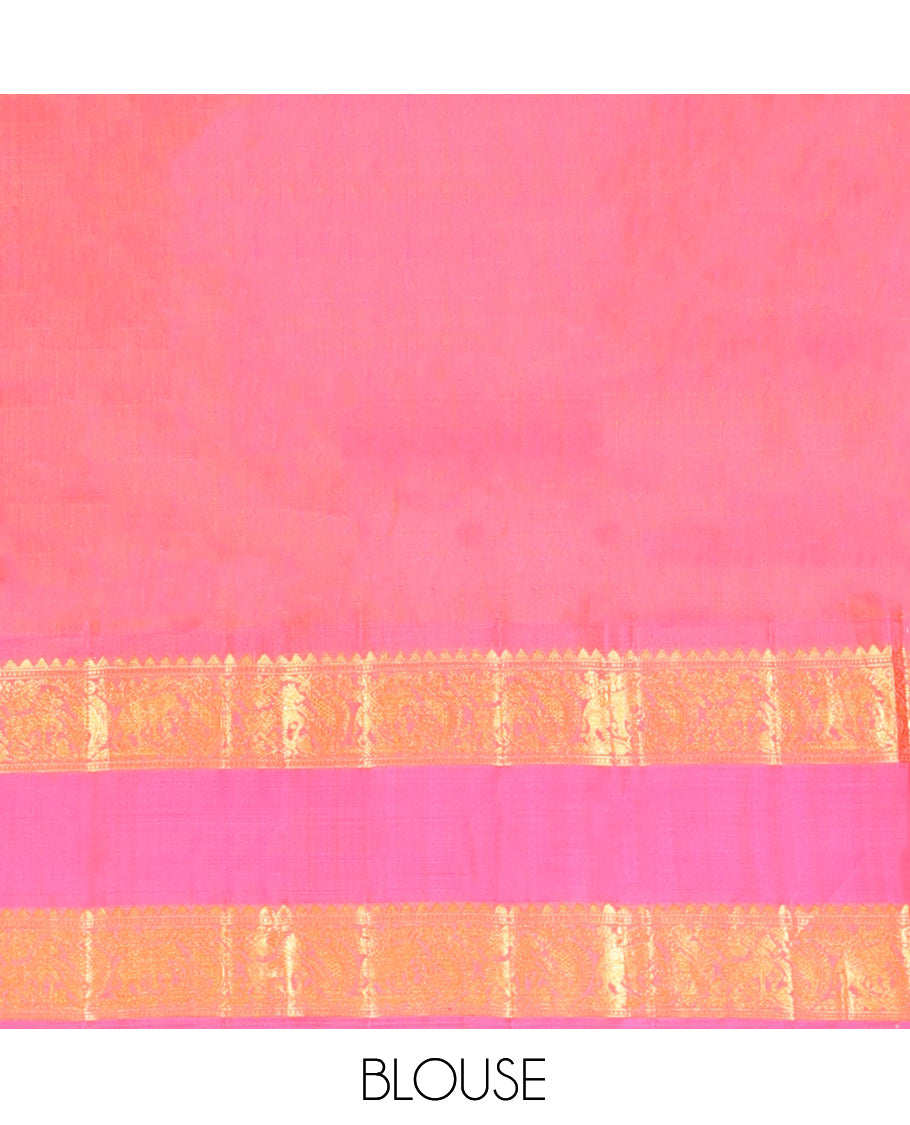 Orange Striped Kanchipuram Silk Saree, Complemented by a Contrast Rettai Pettu Border of Rekku, Mayil, and Kuthirai Designs, Floral Jaal Pallu, and Contrast Blouse