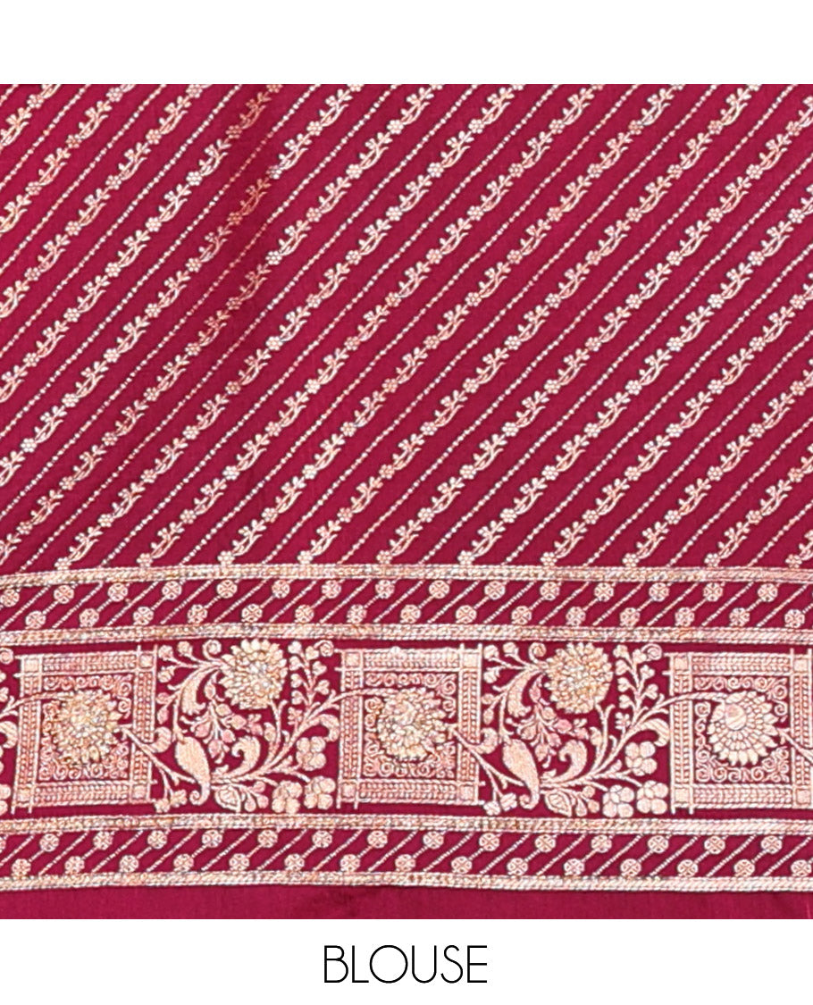 Red Wine Banarasi Satin Saree, Decked Up with Floral Jaal Jacquard, a Floral Creeper Border, Intricate Stonework Pallu, and a Matching Blouse